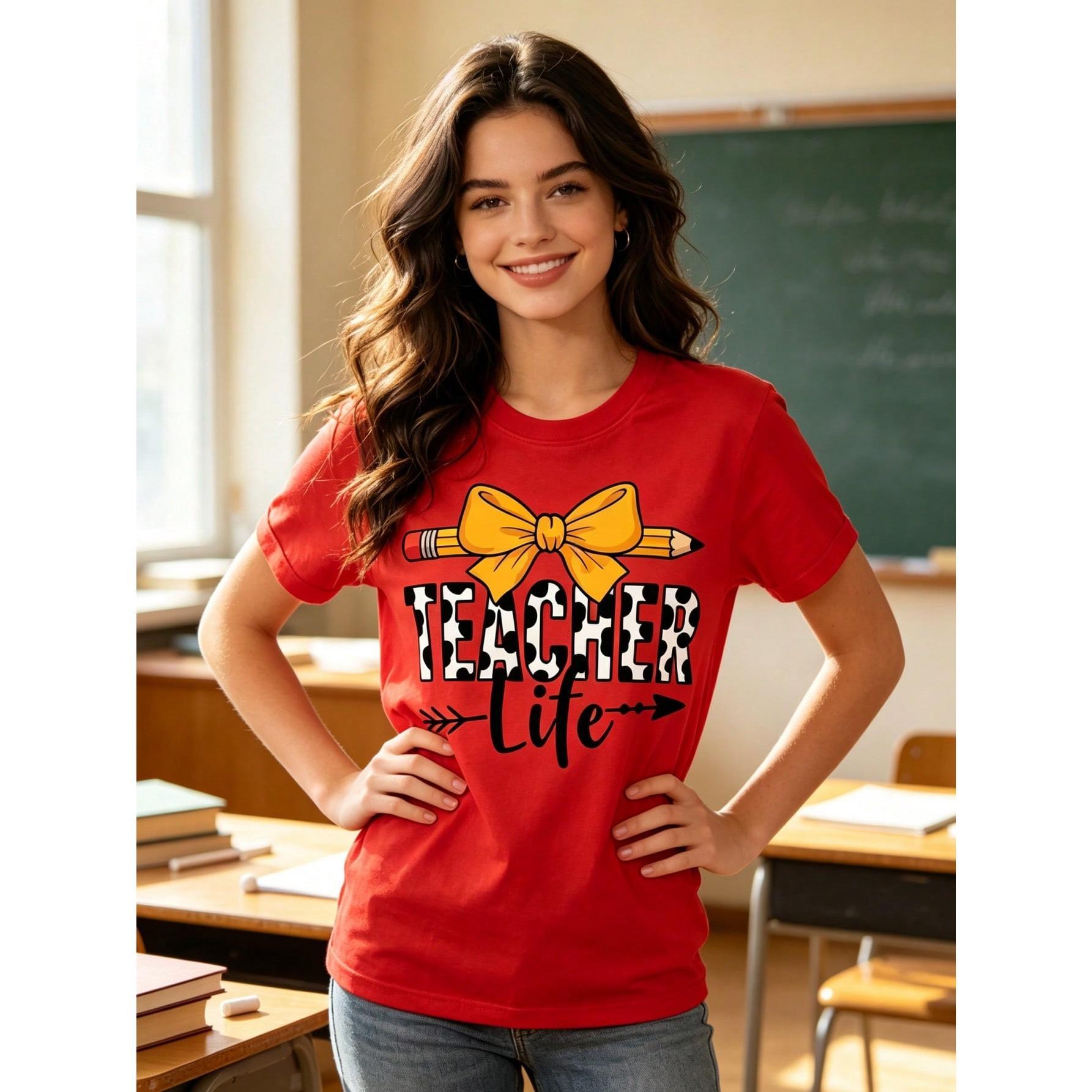 Teacher Life Shirt, Teacher Pencil Coquette Bow T-Shirt, Kindergarten Teacher Tee, Teacher School Crew Short Sleeve Shirts, Back To School Gift