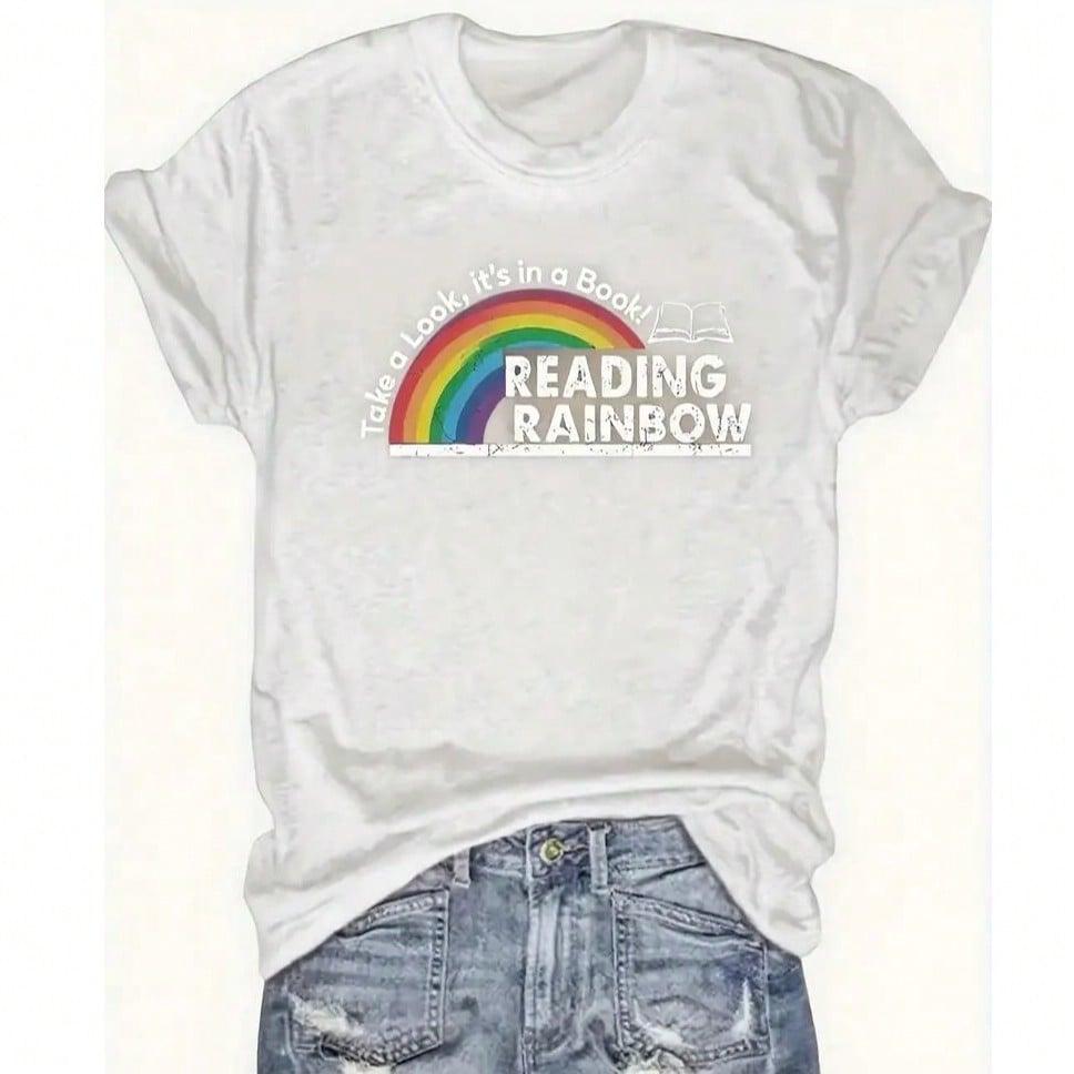 Women's Reading Rainbow Graphic Tee With Book Design Tee, Soft, Heavyweight, Fitted Fit, Print, Graphic, Design, Book, Rainbow Print, For Casual
