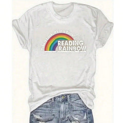 Women's Reading Rainbow Graphic Tee With Book Design Tee, Soft, Heavyweight, Fitted Fit, Print, Graphic, Design, Book, Rainbow Print, For Casual