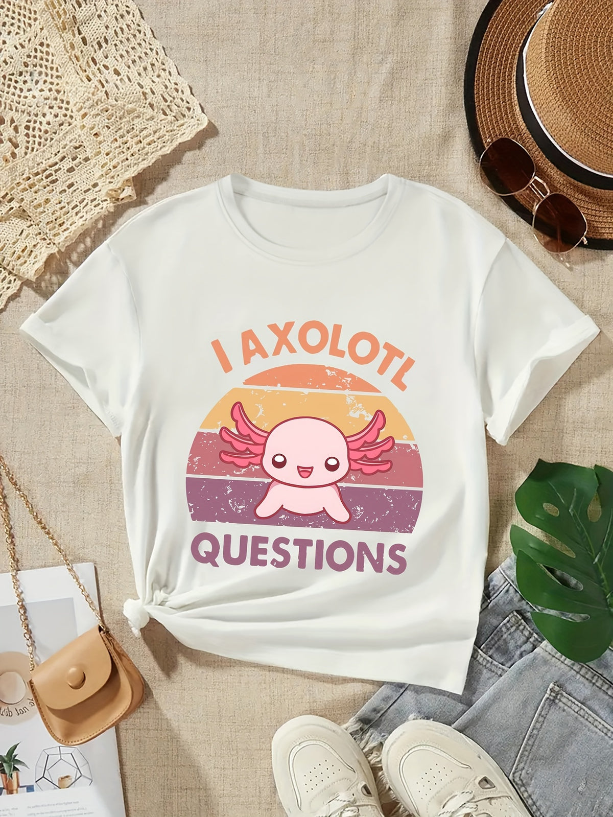 Women Summer Retro Vintage Sunset Print Graphic T‑Shirt, Cute Cartoon Knit Casual Crew Neck Short Sleeve T-Shirt For Women