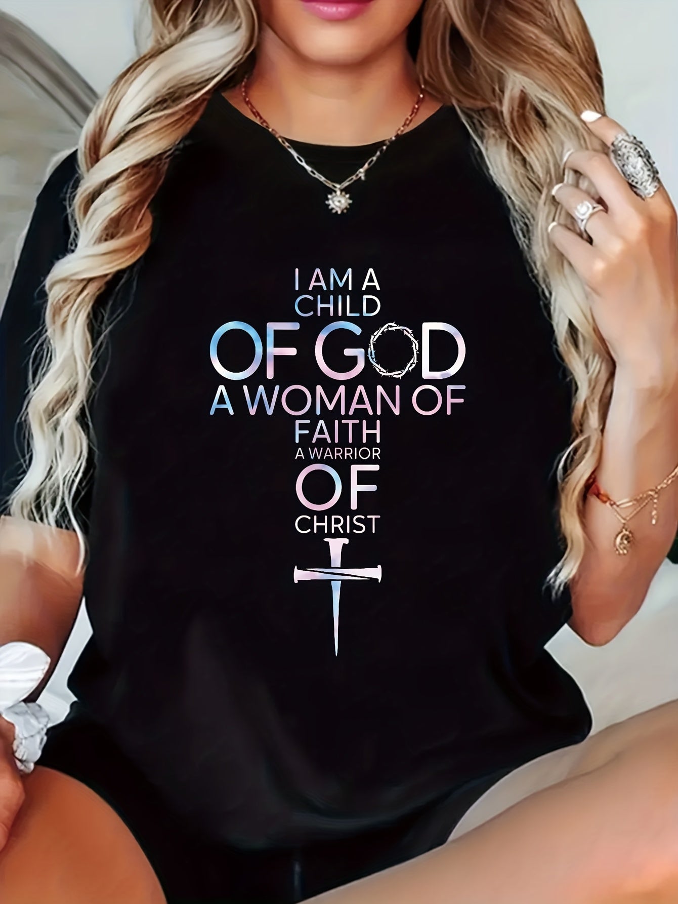 Christian Quote Print Religious Graphic Plus Size Short Sleeve T-shirt Women's Big Size Top Comfy Chic Faith Apparel for Curvy Ladies Daily Wear Casual Outing Street Style All-Season Essential