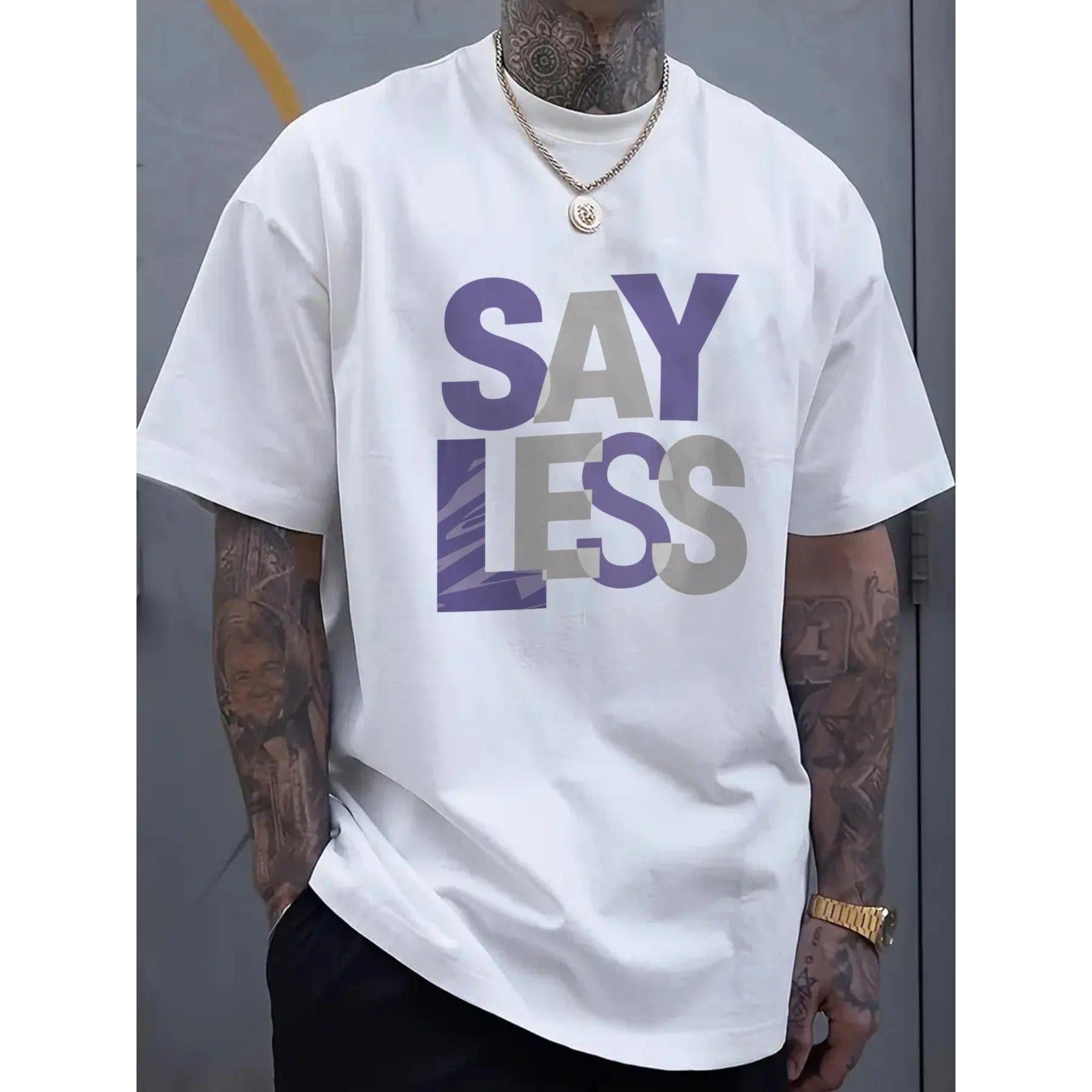 Men's Black T-Shirt, Purple and White SAY LESS Print, Suitable for Casual Wear
