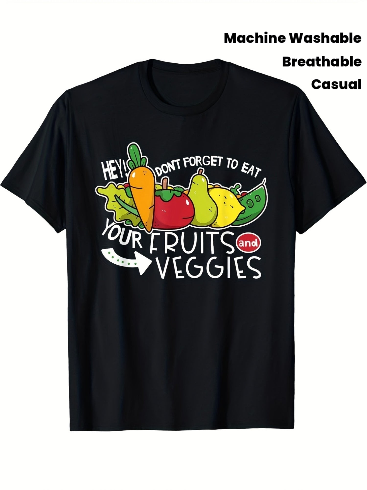 Cute Fruits Veggies Reminder Graphic Tee, Hey Don't Forget To Eat Healthy Food Print Casual Short Sleeve T-Shirt