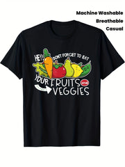 Cute Fruits Veggies Reminder Graphic Tee, Hey Don't Forget To Eat Healthy Food Print Casual Short Sleeve T-Shirt