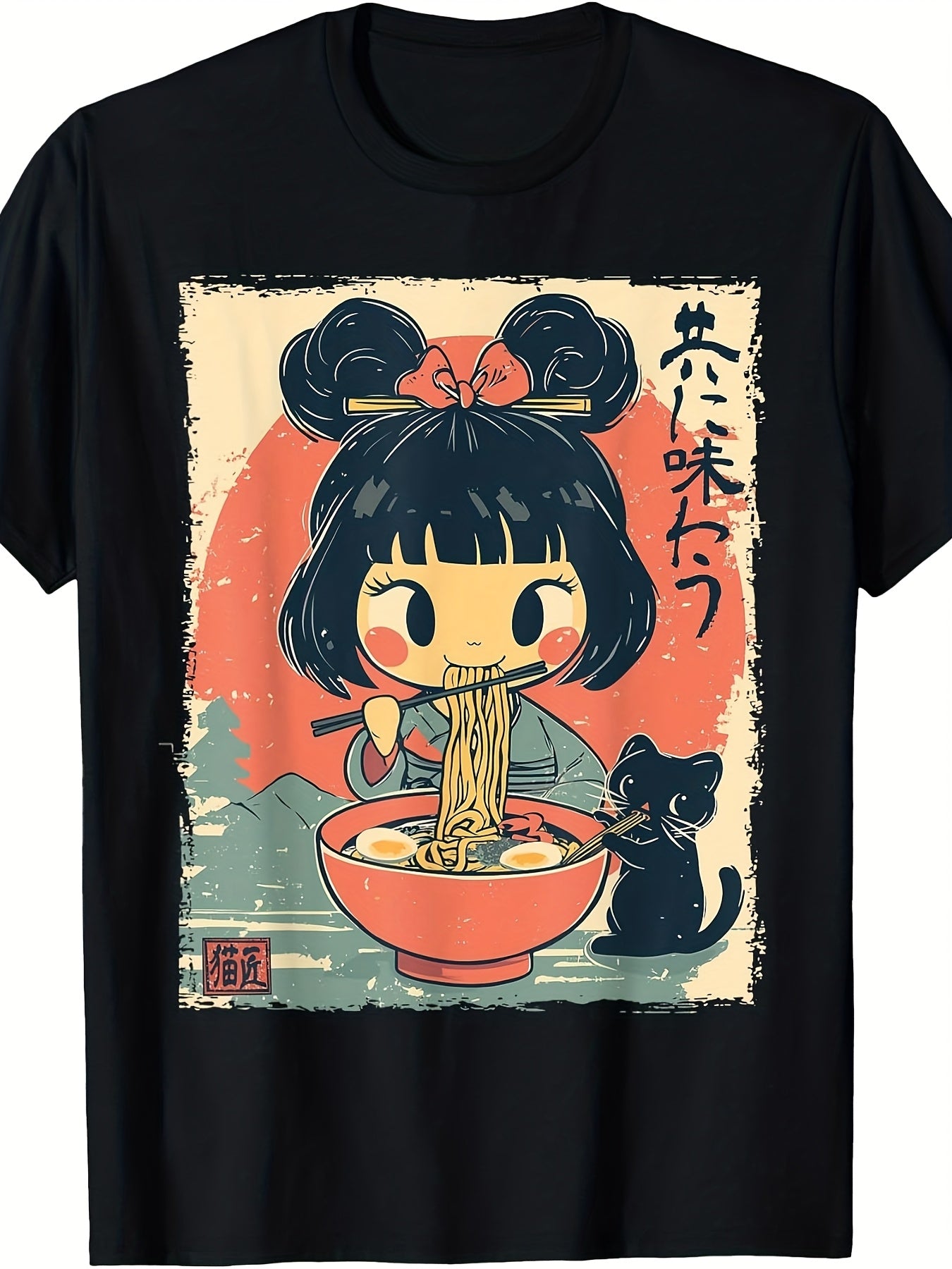 Cute Japanese Ramen Girl With Black Cat Graphic T‑Shirt, Retro Vintage Art Crewneck Short Sleeve Tee for Men Women Casual Daily Wear