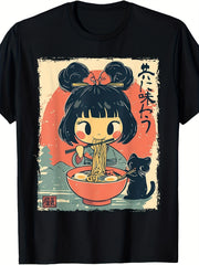 Cute Japanese Ramen Girl With Black Cat Graphic T‑Shirt, Retro Vintage Art Crewneck Short Sleeve Tee for Men Women Casual Daily Wear
