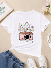Flowers And Camera Graphic T-Shirt Casual Round Neck Tees Top