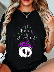 A Baby Is Brewing Halloween Maternity Pregnancy Announcement Graphic Tee for Men Women, Cute Spooky Mama Short Sleeve T-Shirt, Casual Crew Neck Top for Baby Shower Gift