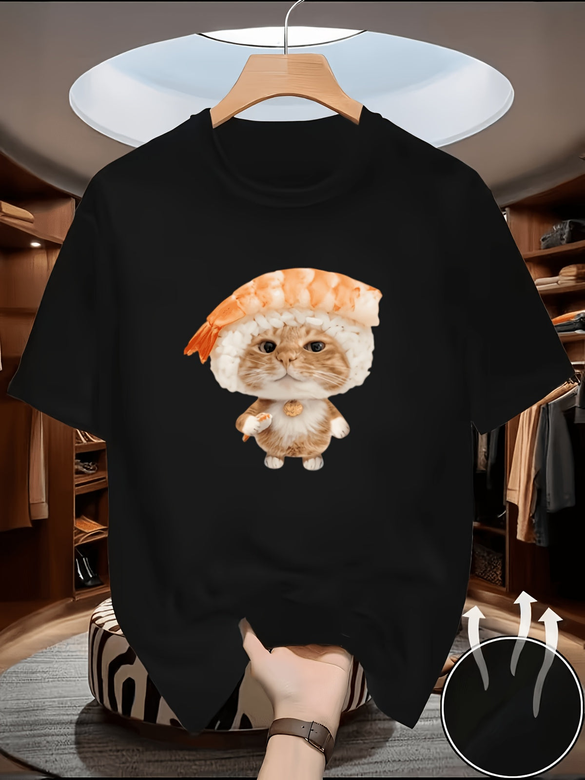 Cat Lover Gift Tee Cute Sushi Orange Kitten with Shrimp Casual Black T-Shirt