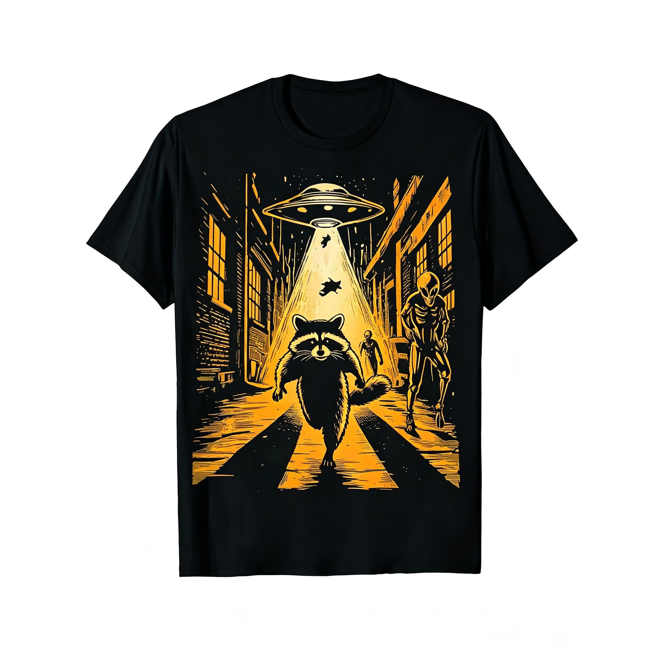 Casual Graphic T-Shirt (Alien Encounter with Animal Theme) – Black Short-Sleeve Crew Neck Summer Style, Fun Essential, Sci-Fi Inspired Design TShirt