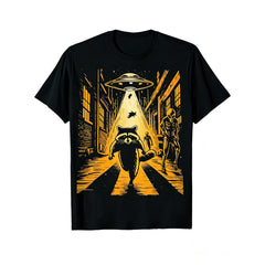 Casual Graphic T-Shirt (Alien Encounter with Animal Theme) – Black Short-Sleeve Crew Neck Summer Style, Fun Essential, Sci-Fi Inspired Design TShirt