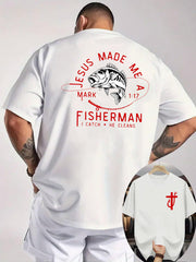 Fisherman Graphic Tee Fisherman Graphic Tee Men's Casual Summer T-Shirt - "Jesus Made Me a Fisherman" Breathable & Comfortable,  Round Neck