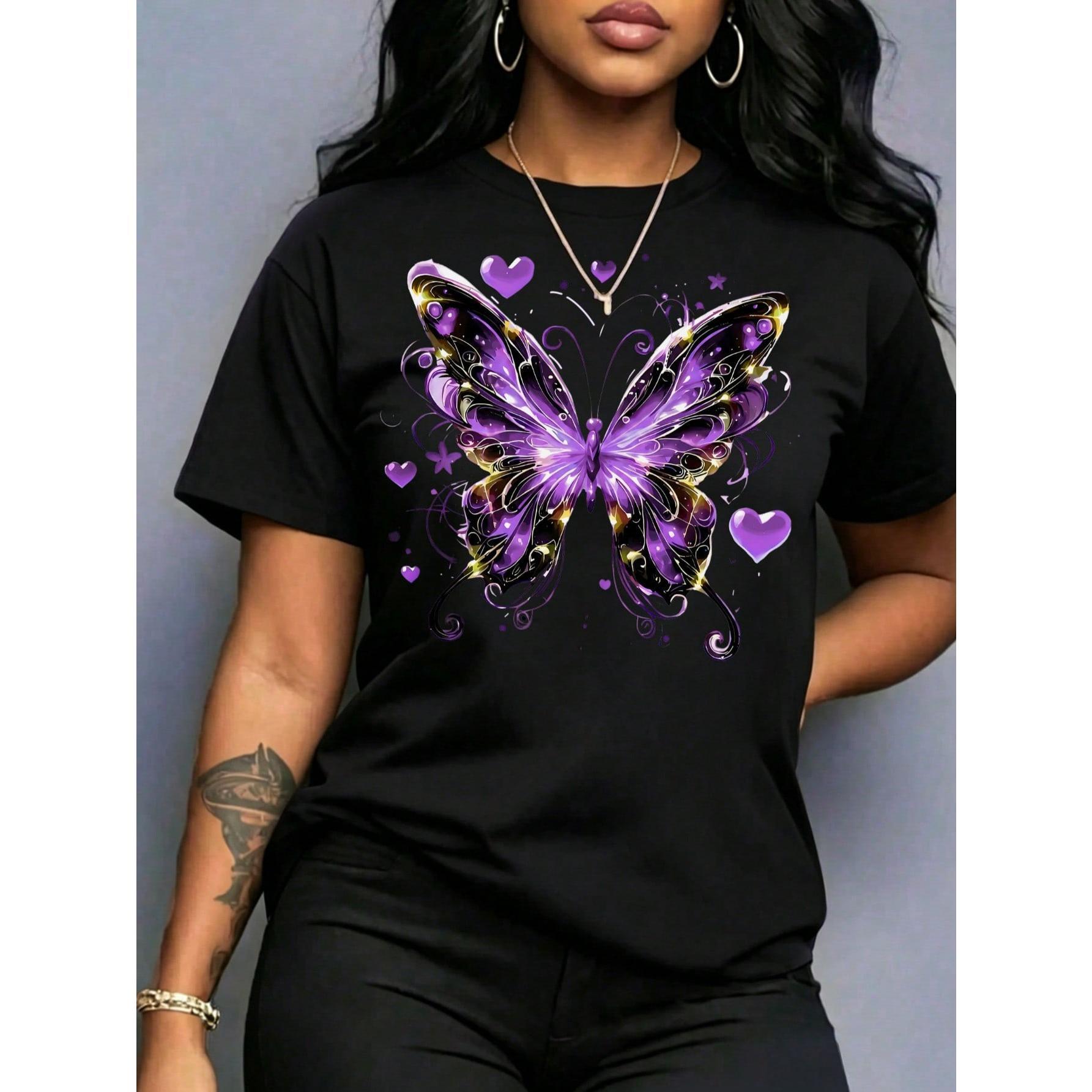 Women's Casual Blue Butterfly Print T-Shirt, Short Sleeve Round Neck Cotton Top For Everyday Wear