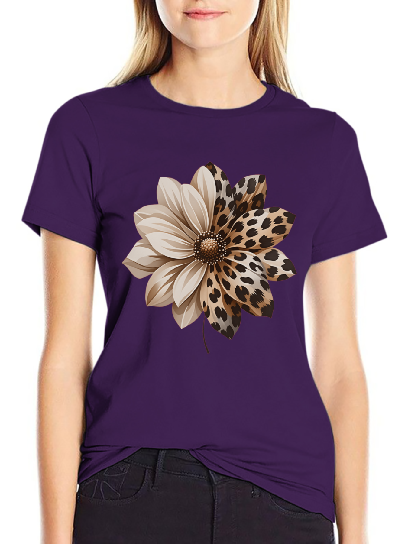 Women'S Elegant Style Plus Size Short Sleeve, Half Leopard Print Half Solid Dahlia Pattern Round Neck Comfortable