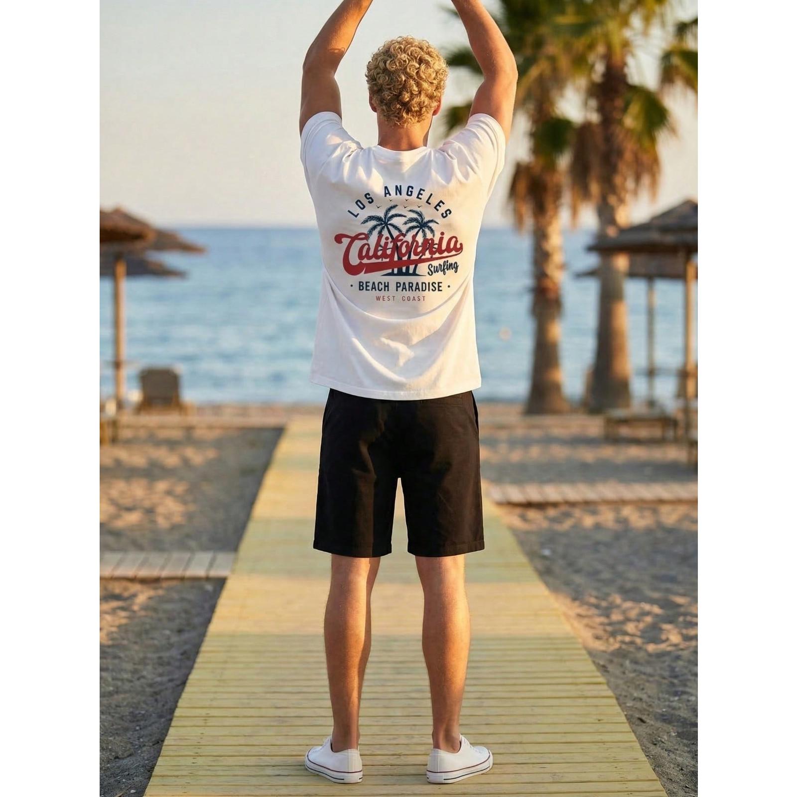 Men Los Angeles California Surfing Graphic T‑Shirt, Front Back Print West Coast Beach Paradise Casual Crew Neck Short Sleeve Tee For Summer Daily