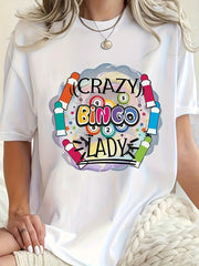 Crazy Bingo Lady Fun Game Night Graphic Tee for Men Women, Cute Bingo Player Short Sleeve T-Shirt, Casual Crew Neck Top for Bingo Lover Gift