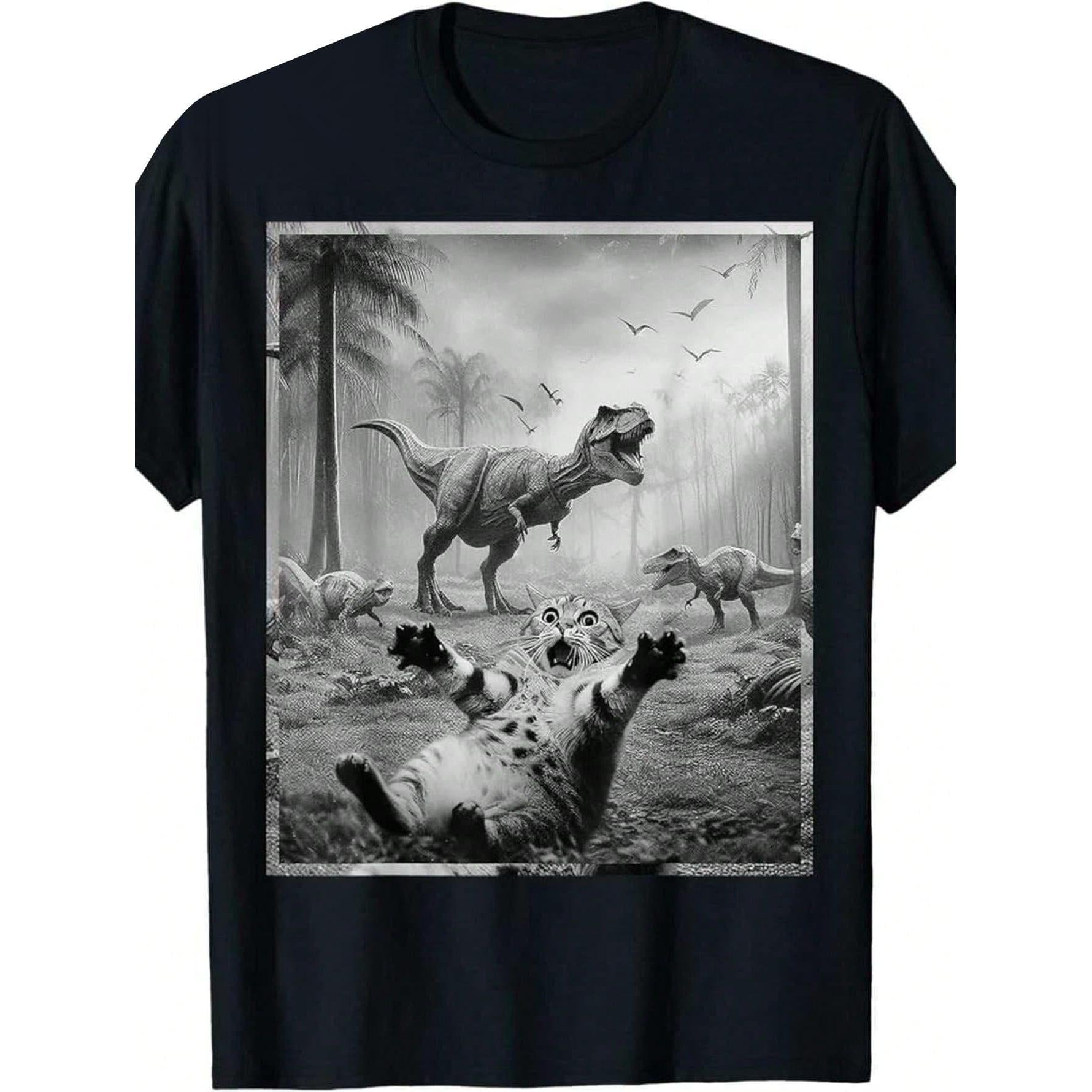 Men's Funny Cat & T-Rex Dinosaur Graphic Tee - Soft Short Sleeve Black Retro Style Casual TShirt For All Seasons, Everyday Clothing
