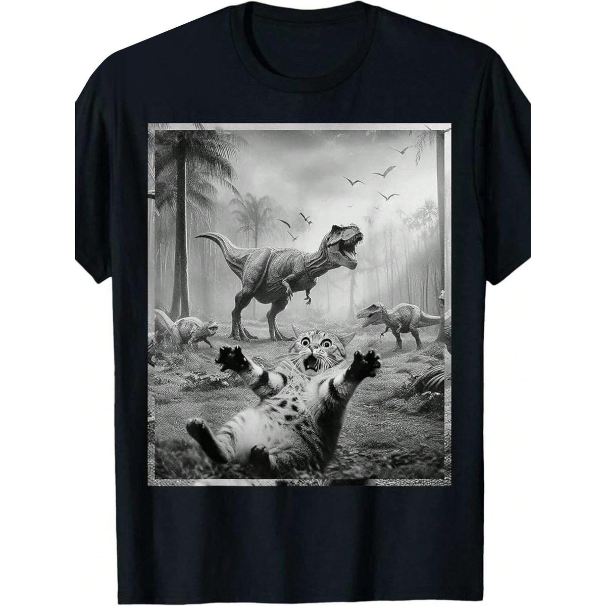 Men's Funny Cat & T-Rex Dinosaur Graphic Tee - Soft Short Sleeve Black Retro Style Casual TShirt For All Seasons, Everyday Clothing