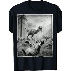 Men's Funny Cat & T-Rex Dinosaur Graphic Tee - Soft Short Sleeve Black Retro Style Casual TShirt For All Seasons, Everyday Clothing