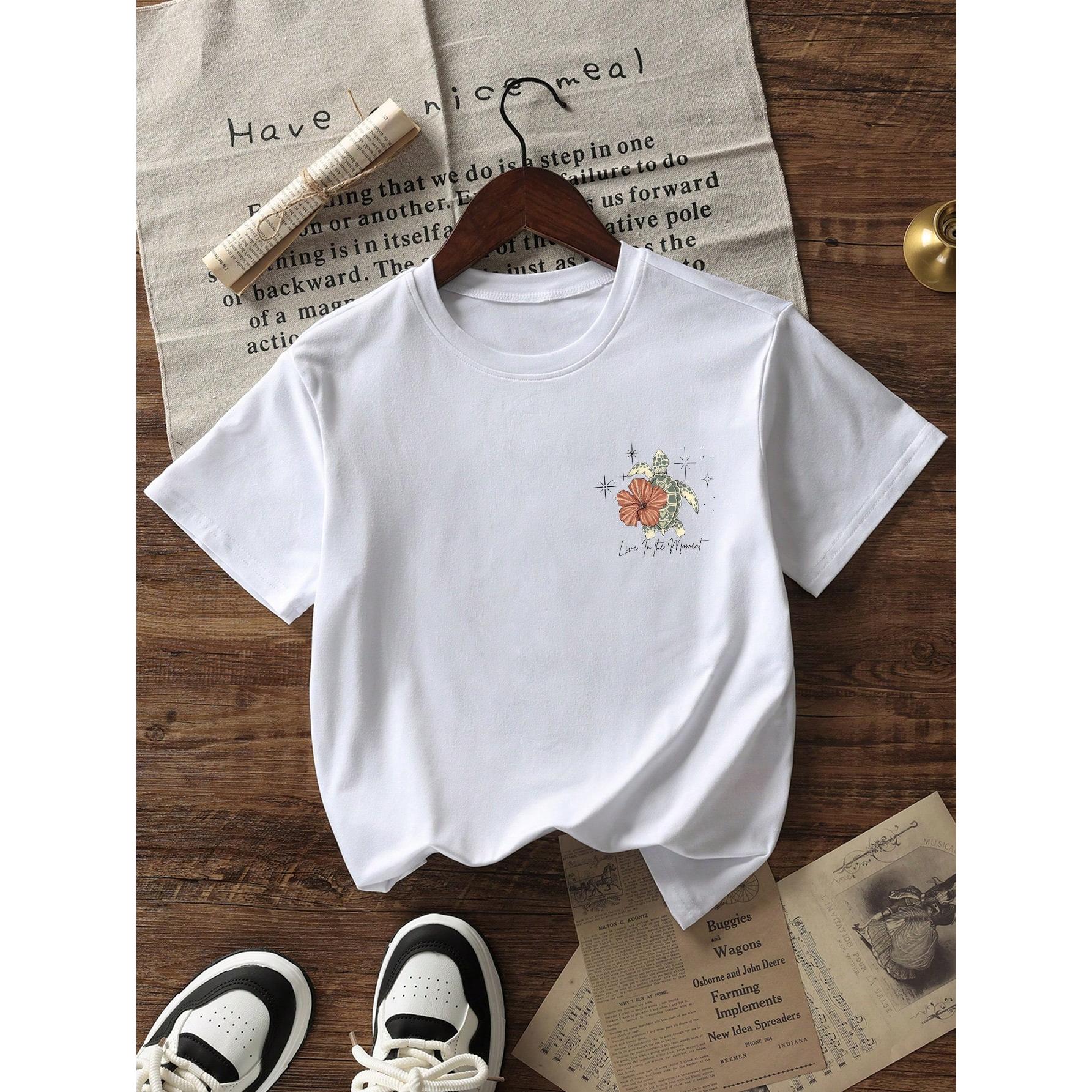 Women's Summer Turtle, Floral & Letter Print Casual Loose Round Neck Beach Vacation T-Shirt White