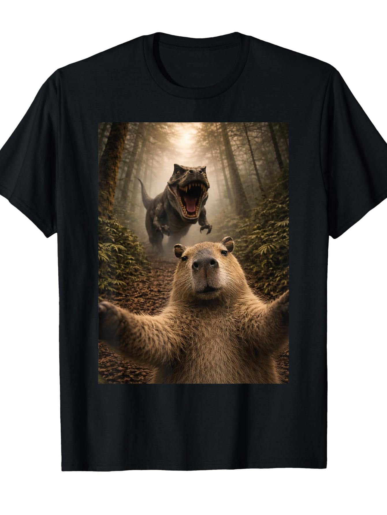 Funny Capybara Selfie with T-Rex Dinosaur Capybara Lover TShirt Humorous Crew Neck Tee with Stylish Print Casual Travel Clothing