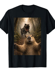 Funny Capybara Selfie with T-Rex Dinosaur Capybara Lover TShirt Humorous Crew Neck Tee with Stylish Print Casual Travel Clothing