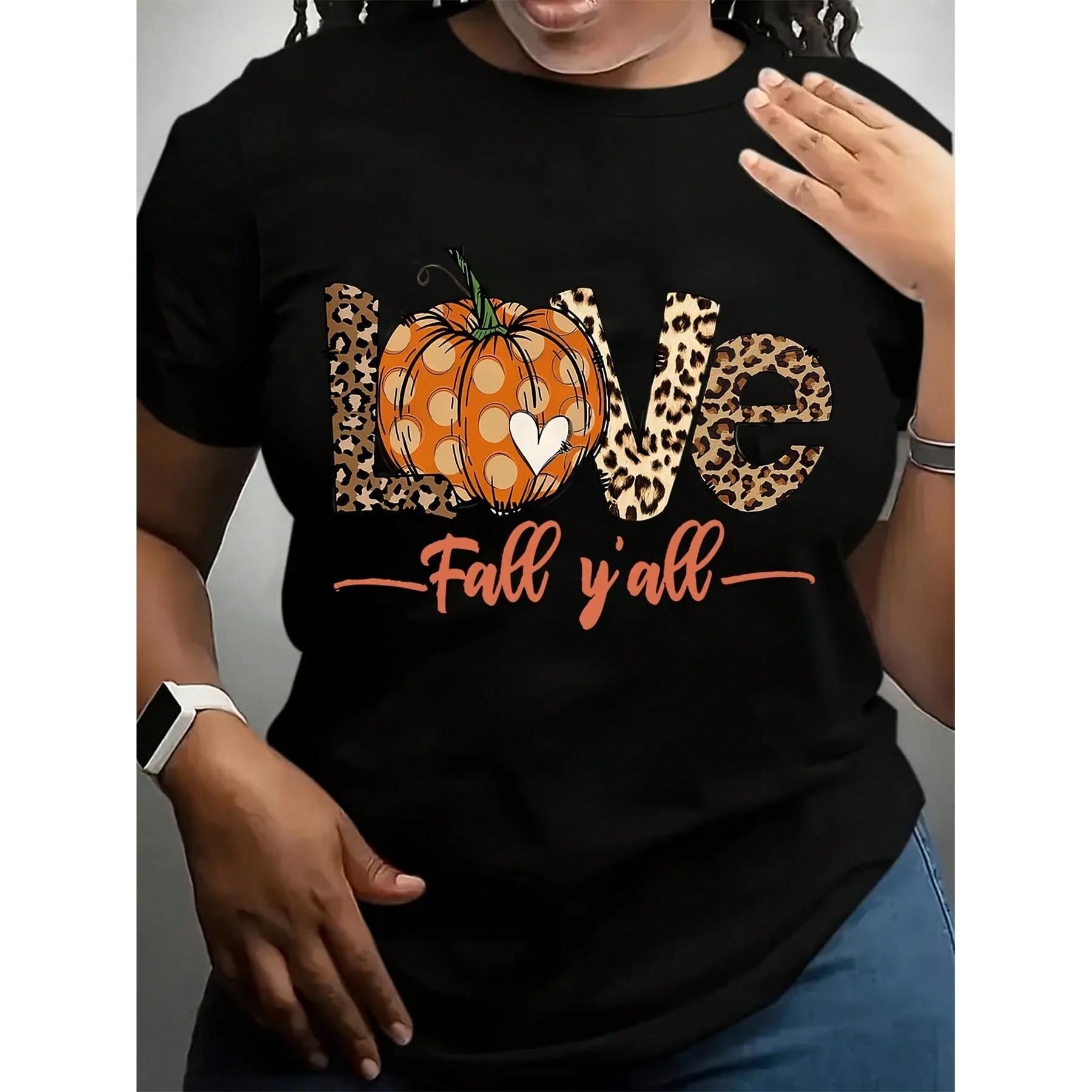Women's Funny Thanksgiving Graphic T-Shirt - White,Black Crew Neck Tee With Pumpkin & Autumn Leaves Design - Non-Stretch Casual Shirt For Thanksgiving, Halloween, Easter, Mother's Day Gifts
