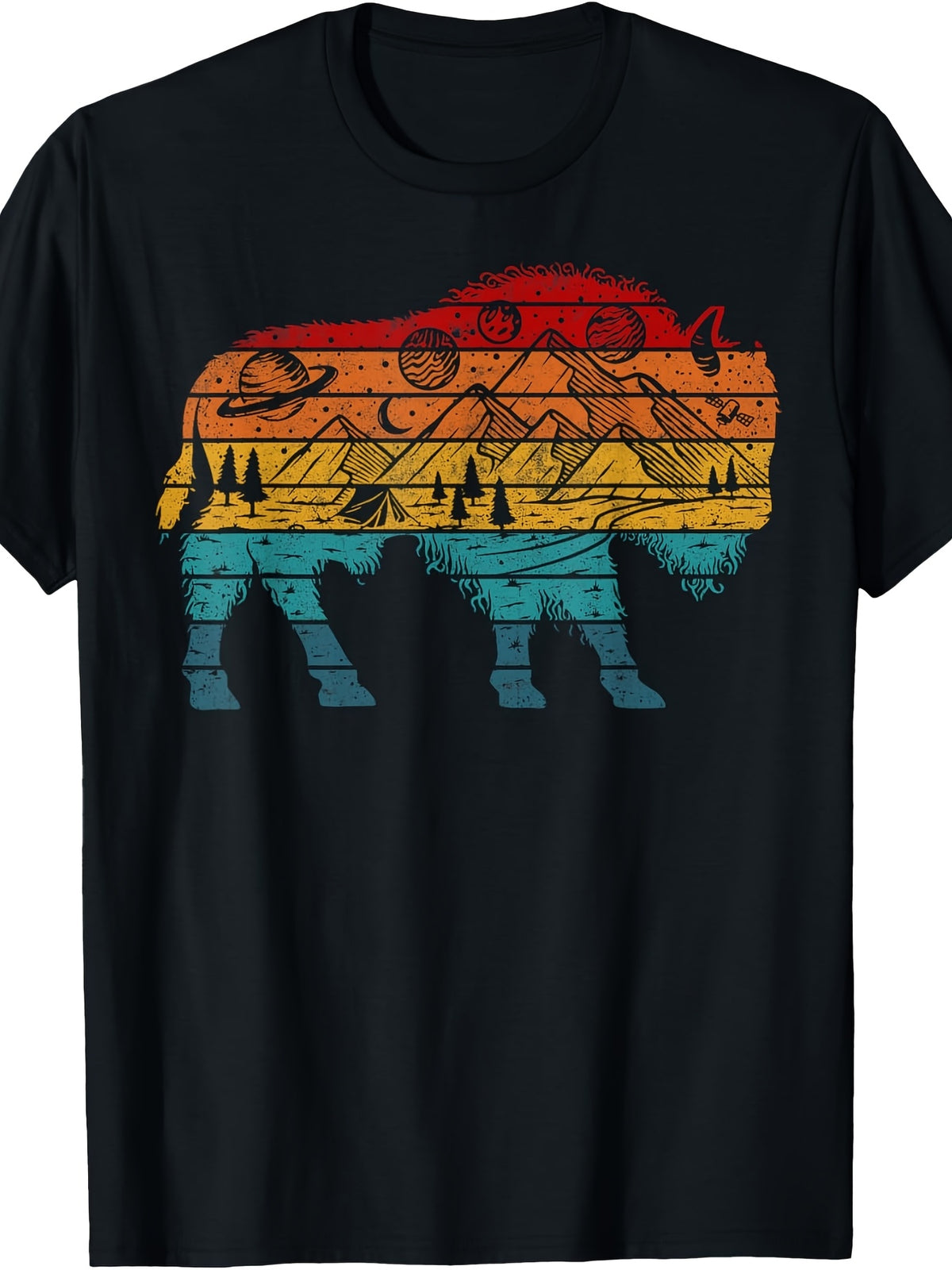 Vintage Striped Bison Mountain Camping Graphic T-Shirt, Unisex Cotton Crew Neck Top, All Season Wildlife Tee, Casual Outdoor Hiking, Camping & Wilderness Adventure Wear for Men Women