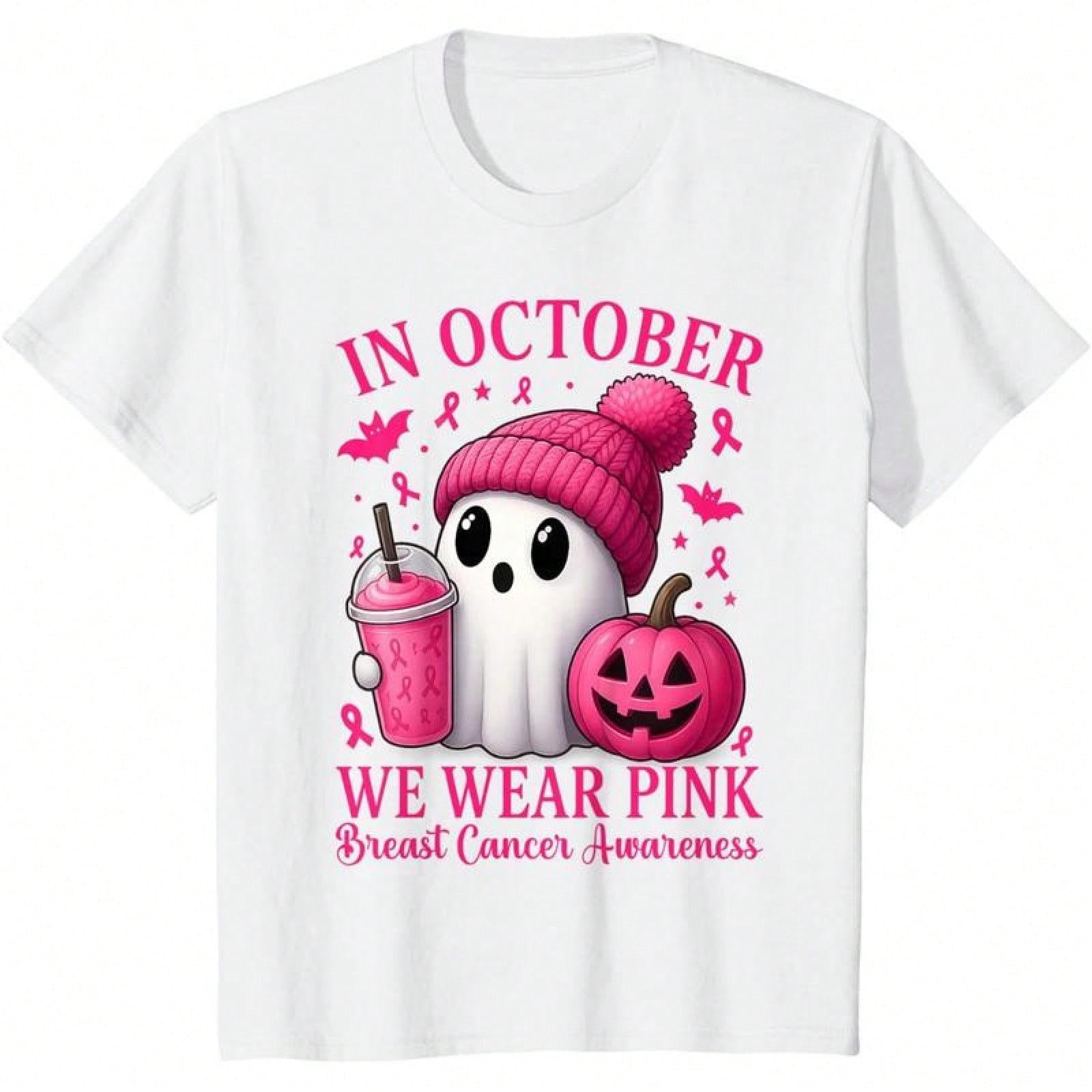 [100% Cotton] Breast Cancer Halloween Tshirt - "In October We Wear Pink Breast" Cancer Awaveness Tee, Cute Ghost With Pumpking Graphic Print Shirt, Casual Round Neck Short Sleeve Tops For Spring / Summer / Fall-Unisex Women & Men's Festival Daily Wear
