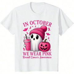 [100% Cotton] Breast Cancer Halloween Tshirt - "In October We Wear Pink Breast" Cancer Awaveness Tee, Cute Ghost With Pumpking Graphic Print Shirt, Casual Round Neck Short Sleeve Tops For Spring / Summer / Fall-Unisex Women & Men's Festival Daily Wear