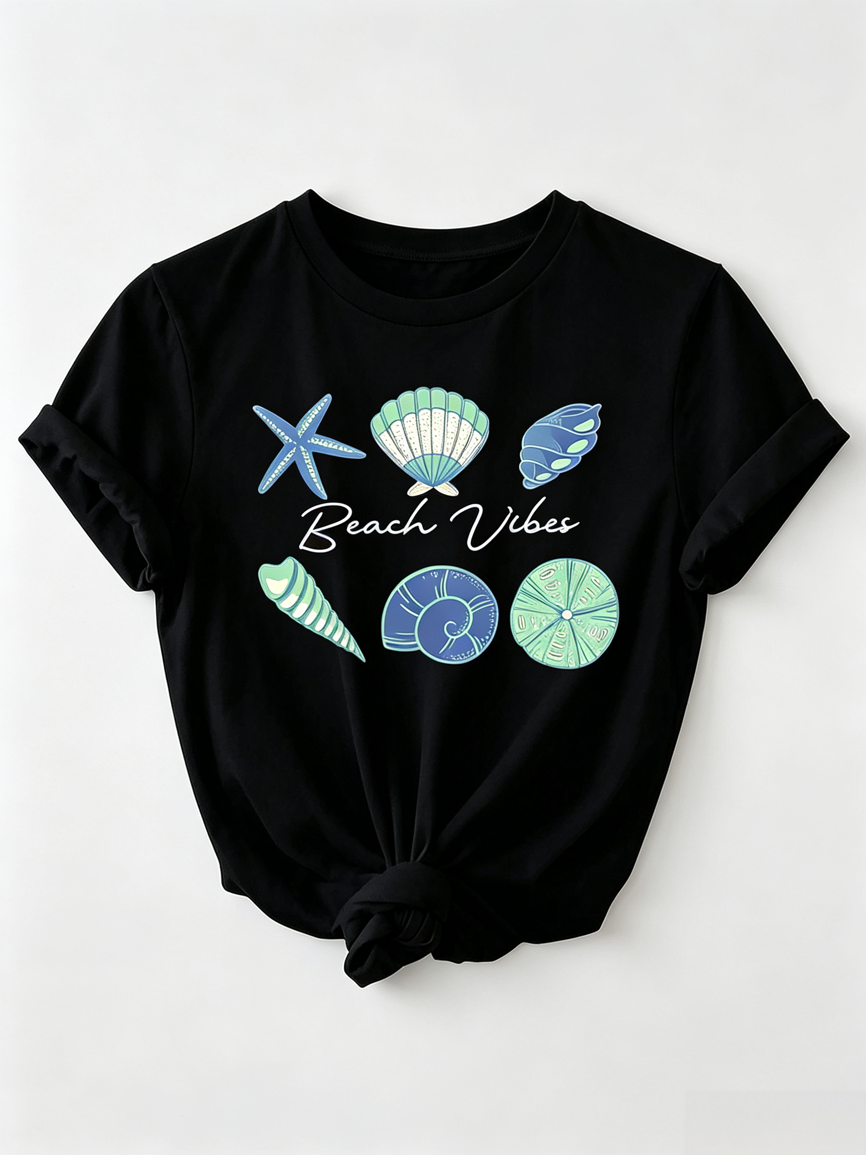 Beach Vibes Graphic T-Shirt - Casual White Tee with Rolled-Up Sleeves, Colorful Sea Creatures Design Including Starfish and Shells, Perfect Summer Top