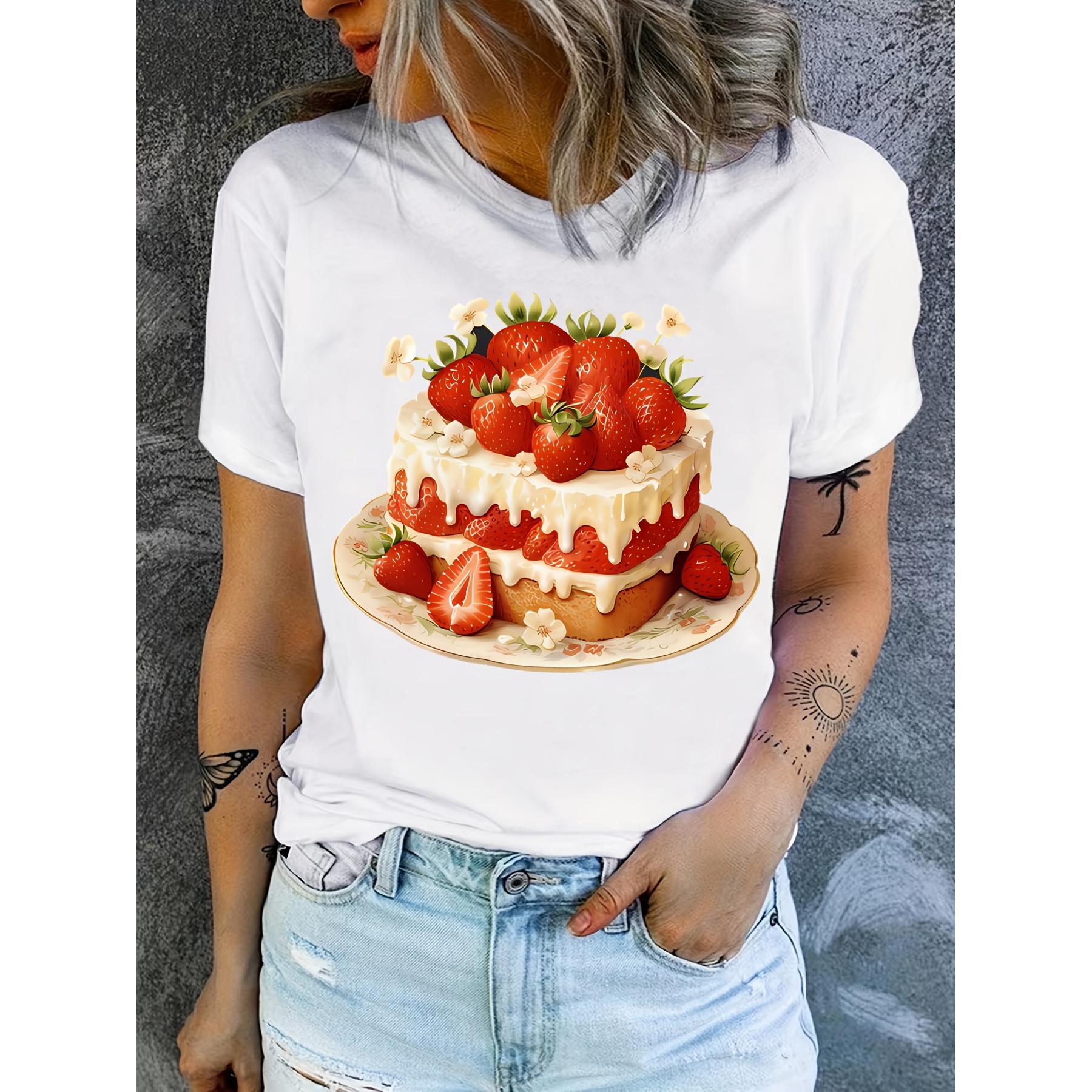 Strawberry Cake Printed T-Shirt, Y2K Style Tee, a Shirt for Dessert Lovers, Baking T-Shirt, a Gift for Strawberry Cake Enthusiasts