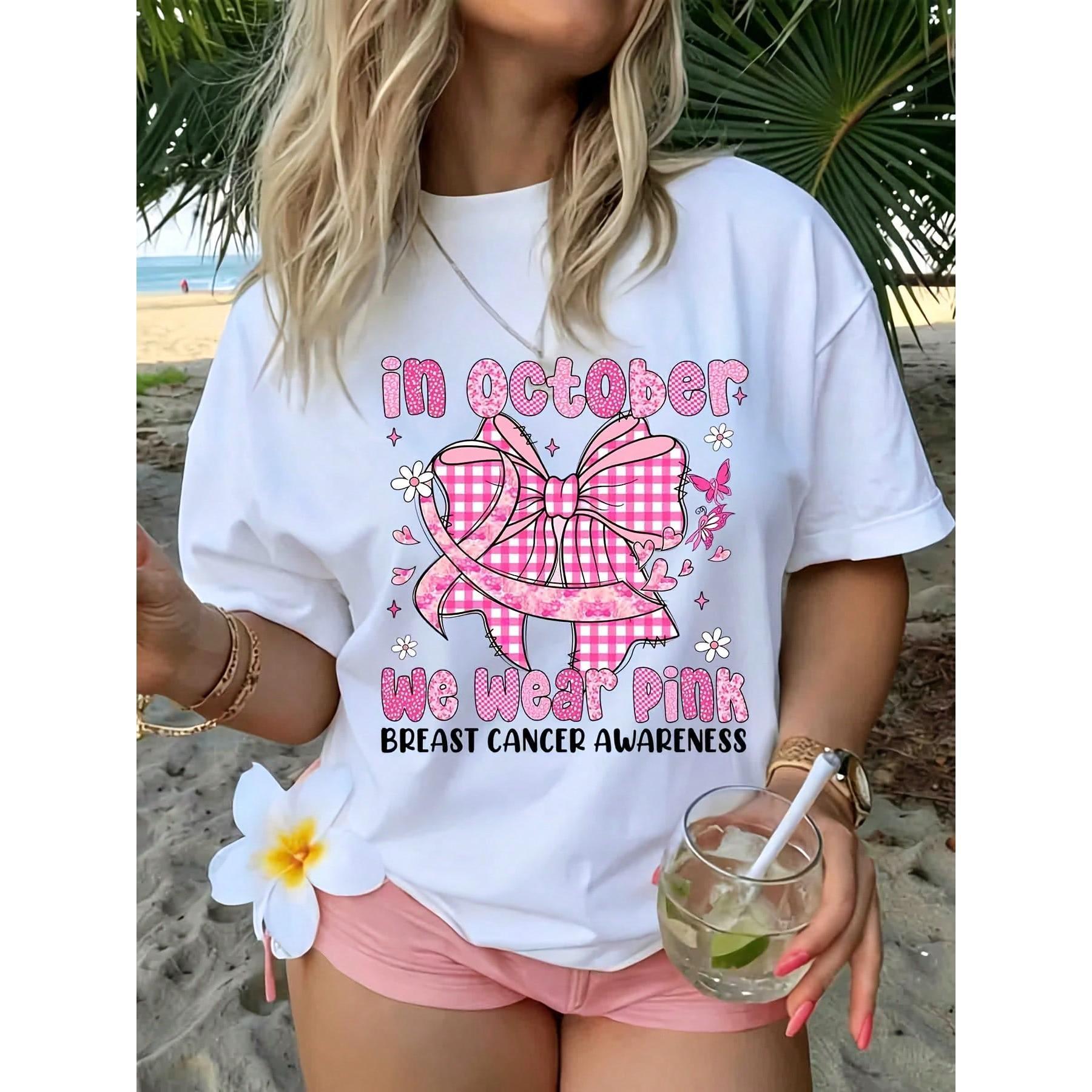 In October We Wear Pink Breast Cancer Awareness Shirt Women Graphic Tee Summer Beach Vacation Top Casual Short Sleeve Tshirt