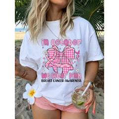 In October We Wear Pink Breast Cancer Awareness Shirt Women Graphic Tee Summer Beach Vacation Top Casual Short Sleeve Tshirt