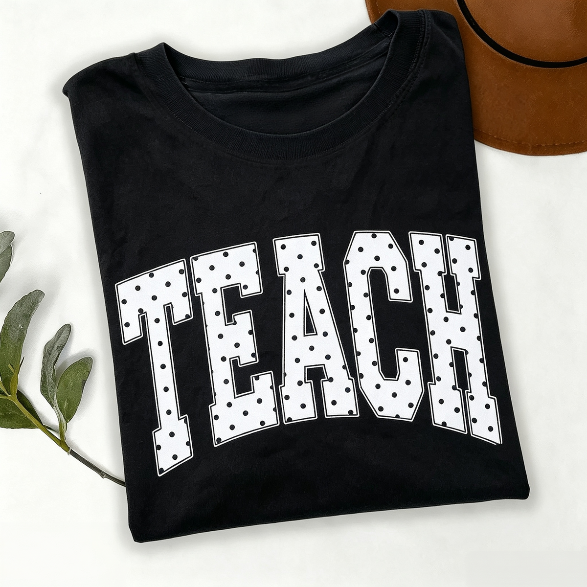 Women's "TEACH" Polka Dot Varsity Letter Graphic T-Shirt, Casual Teacher Short Back To School Casual Short Sleeve Tee,Teacher Life