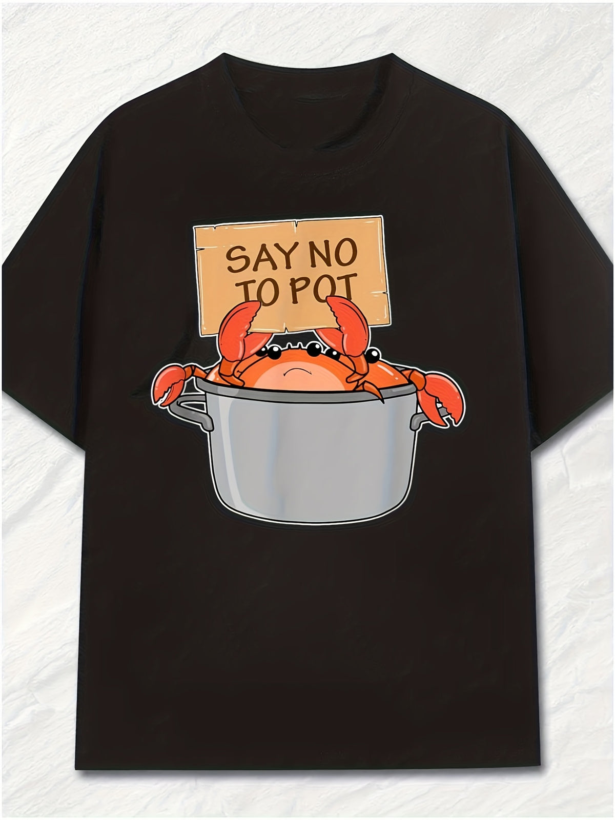 Funny Cartoon Crab Cooking Pot Graphic Short Sleeve T-Shirt, Unisex Crew Neck Cotton Tee, All Season Casual Humour Top, Novelty Gift For Seafood Enthusiasts And Food Lovers
