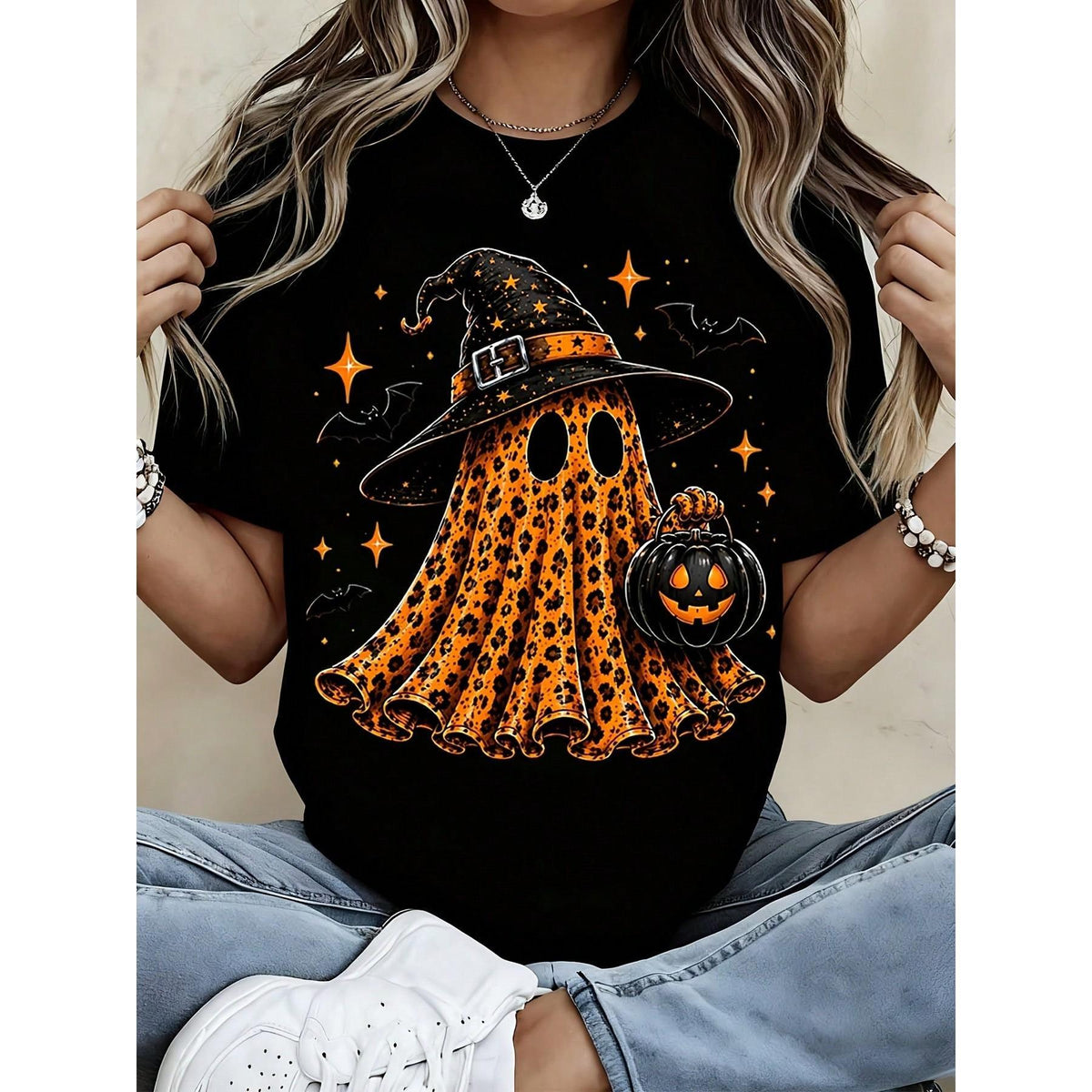 Women's Halloween Leopard Ghost T Shirt Witch Hat Pumpkin Print Tee Orange Black Short Sleeve Casual Top Fall Party Outfit