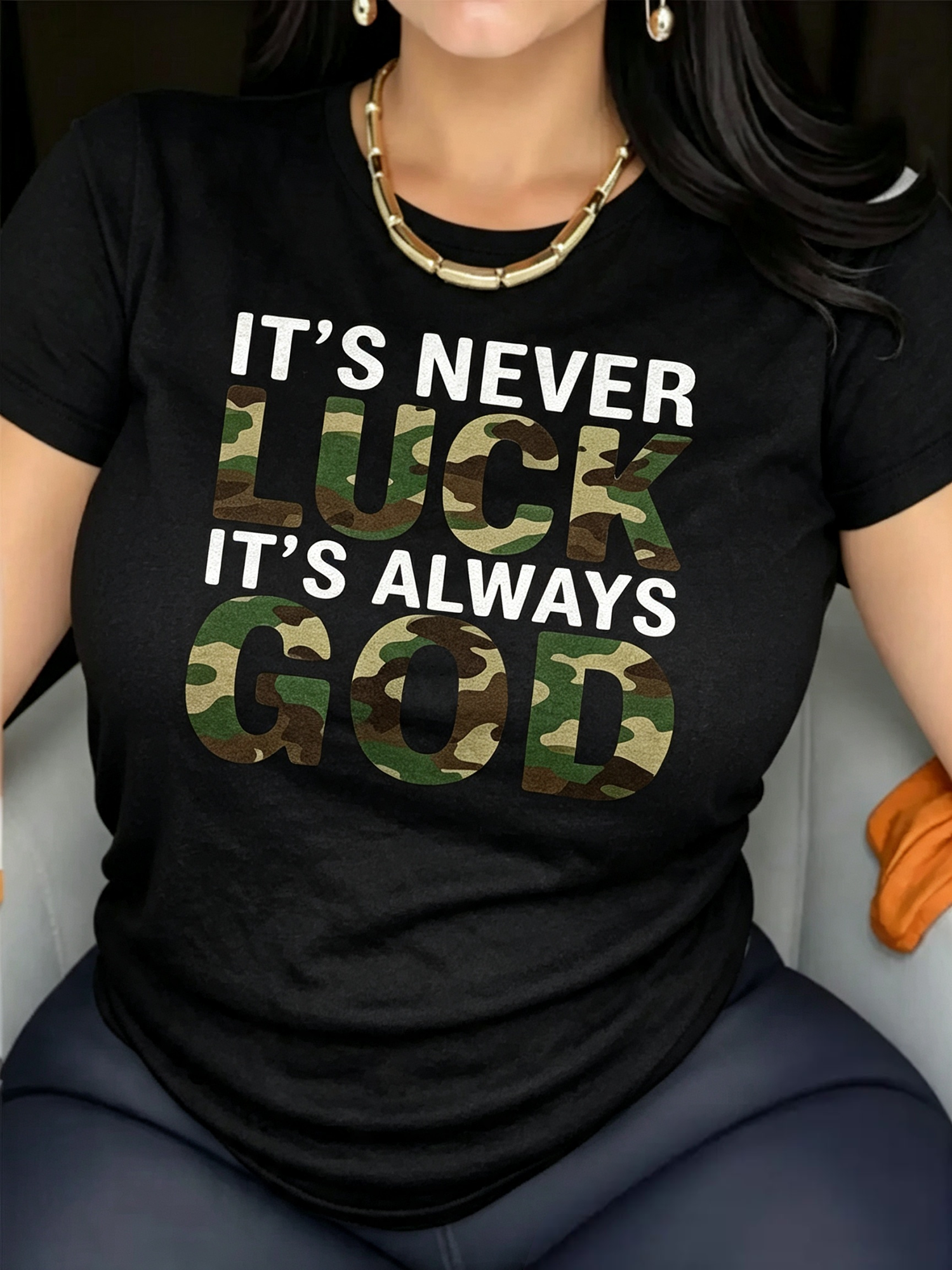 It's Never Luck It's Always God Camouflage Letter Print T-Shirt, Inspirational Religious Casual Crewneck Top For Women Faith Daily Wear