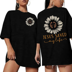 Jesus Saved My Life" Sunflower Graphic T-Shirt, Women's Casual Round Neck Short Sleeve Top, Comfortable Cotton, Fashionable Sporty Tee for Casual Attire