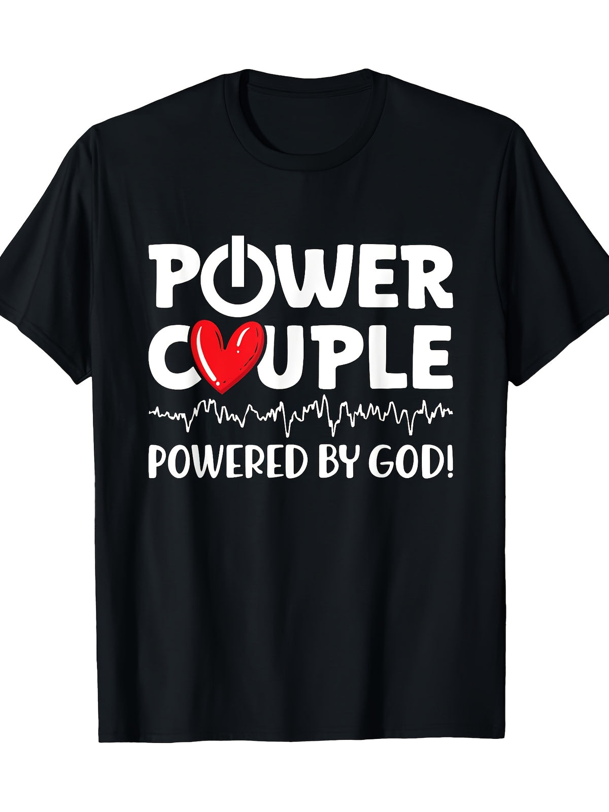 Power Couple Powered By God Christian Faith Graphic Tee for Men Women, Inspirational Couple Short Sleeve T-Shirt, Casual Crew Neck Top for Couples Gift