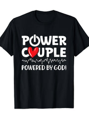 Power Couple Powered By God Christian Faith Graphic Tee for Men Women, Inspirational Couple Short Sleeve T-Shirt, Casual Crew Neck Top for Couples Gift