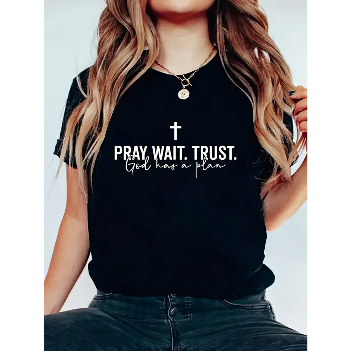 Women's Inspirational Prayer Waiting For Trust Cross Pattern Printed T-Shirt Short Sleeve Round Neck Casual Top
