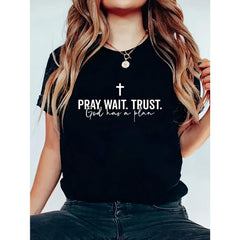 Women's Inspirational Prayer Waiting For Trust Cross Pattern Printed T-Shirt Short Sleeve Round Neck Casual Top