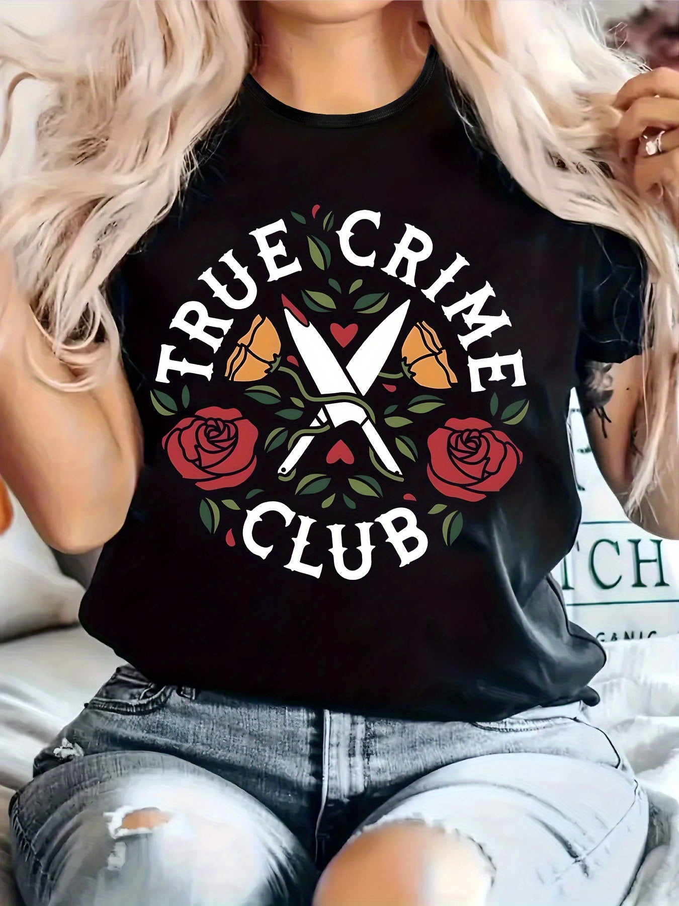 Women'S "True Crime Club" Graphic T-Shirt - Black, Round Neck, Short Sleeve, Casual Knit Top with Rose & Scissors Design, Comfortable for All Seasons, Casual Wear Graphic Tee