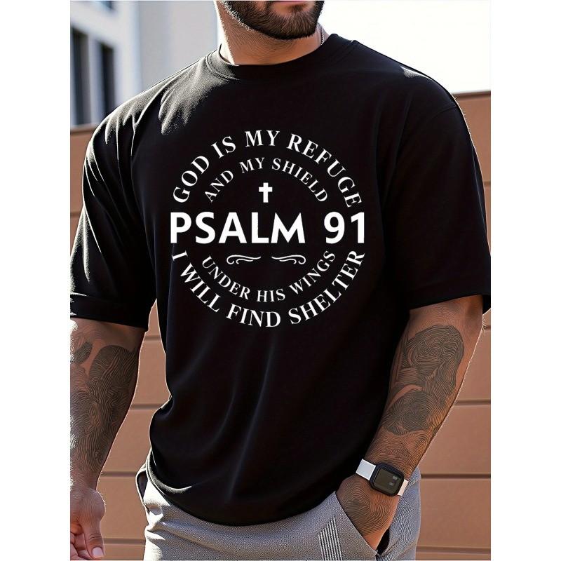 My Refuge And My Fortress Psalm 91 Christian Graphic Tee for Men Women, Inspirational Bible Verse Short Sleeve T-Shirt, Casual Crew Neck Top for Church Gift