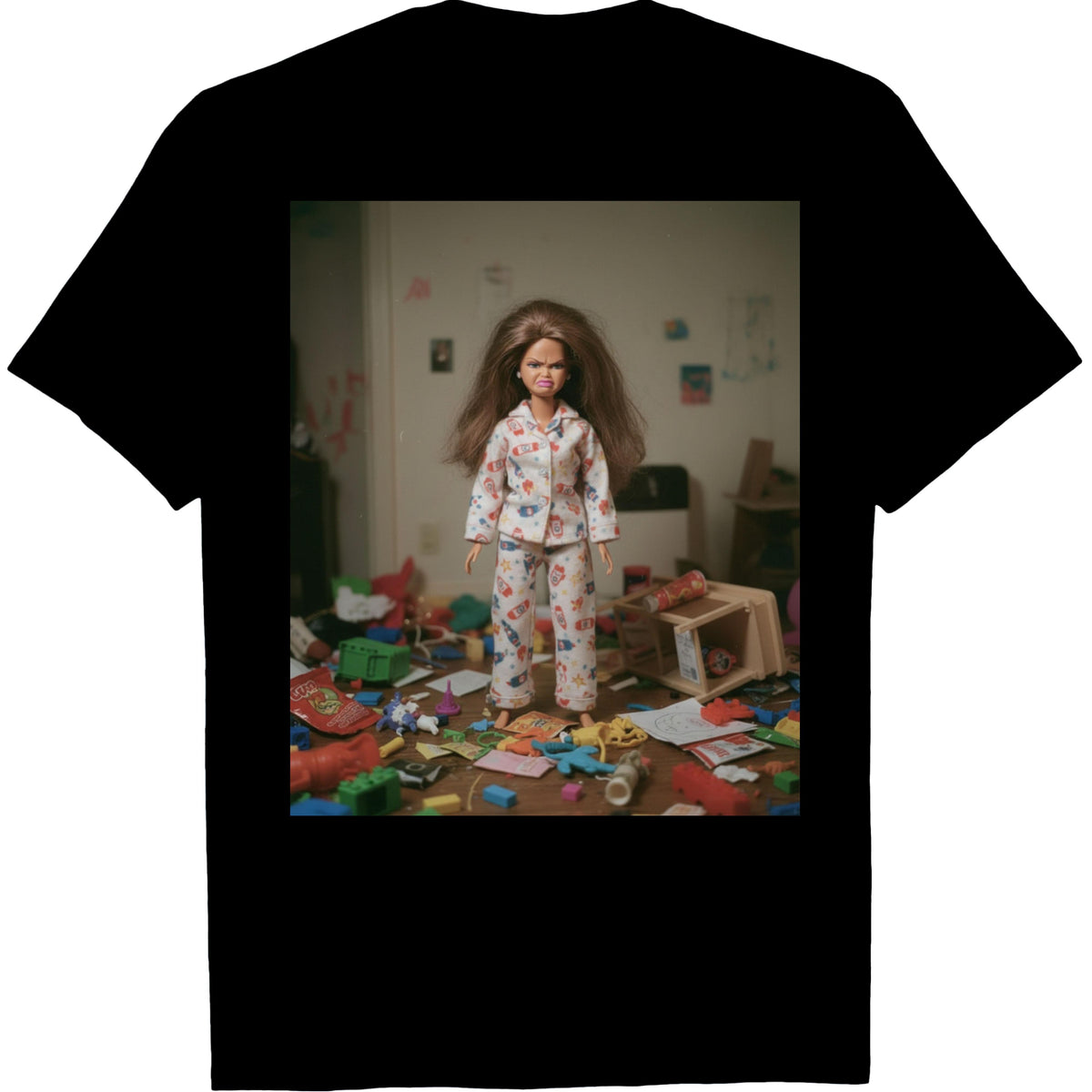 Doll in Pajamas Playroom Scene T-Shirt - Funny Creepy Cute Graphic Tee, Unisex Casual Gift