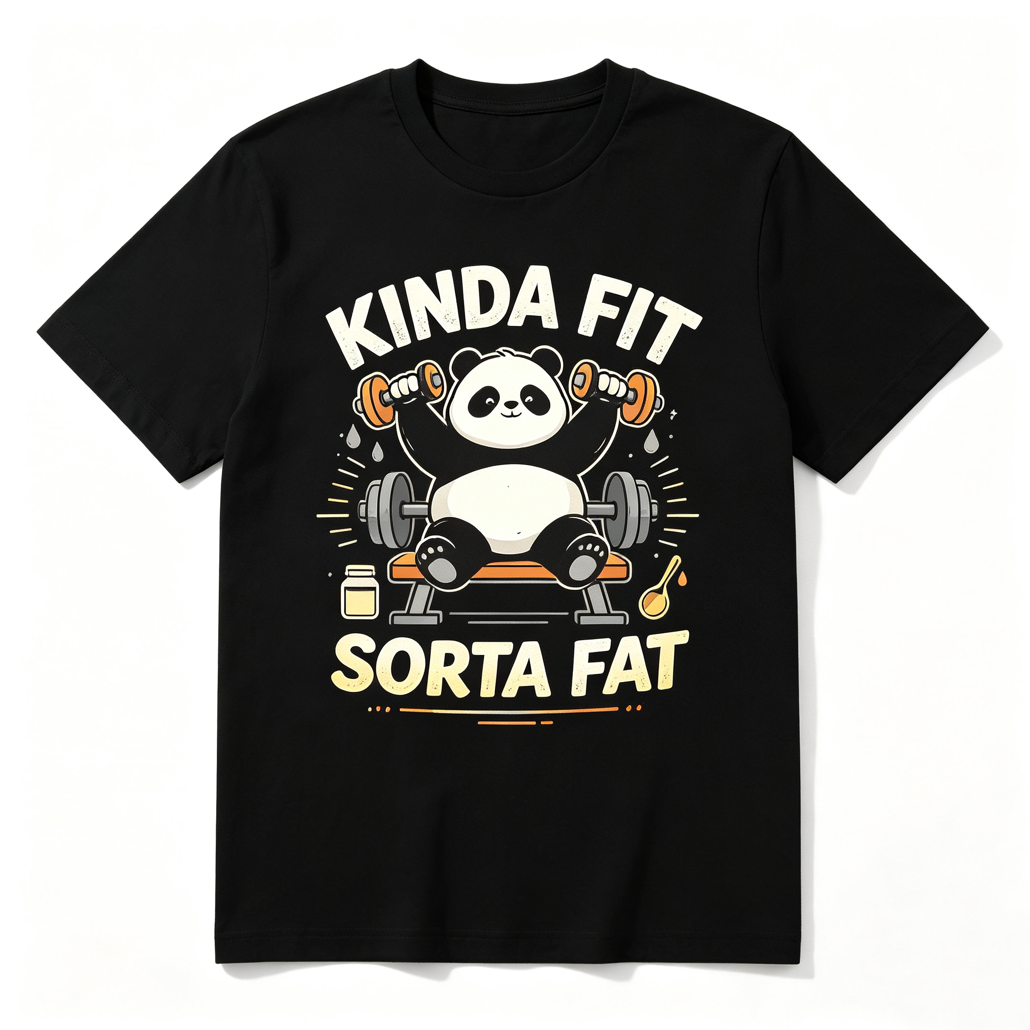 Men Funny Gym Panda Weightlifting T‑Shirt, Kinda Fit Sorta Fat Novelty Crew Neck Short‑Sleeve Casual Tee Men Graphic T‑Shirt S‑5XL