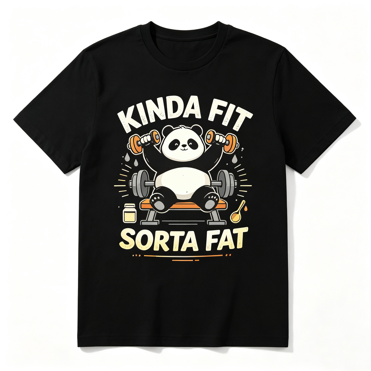 Men Funny Gym Panda Weightlifting T‑Shirt, Kinda Fit Sorta Fat Novelty Crew Neck Short‑Sleeve Casual Tee Men Graphic T‑Shirt S‑5XL