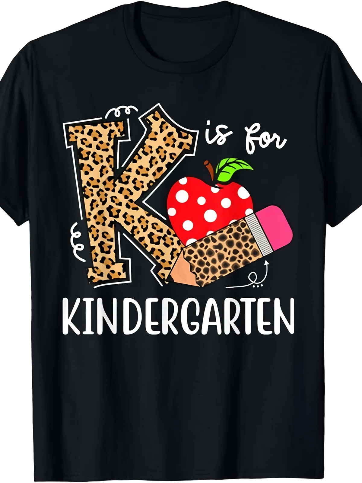 K Is For Kindergarten Teacher Graphic Tee for Men Women, Leopard Print Back To School Short Sleeve T-Shirt, Casual Crew Neck Top for Kinder Teacher Gift