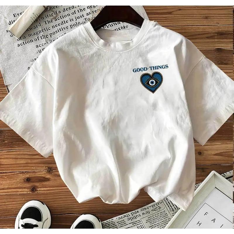 Women's Short-Sleeve Graphic T-Shirt - Double-Sided Printed, Retro Style, Evil Eye/Heart/GOOD THINGS HAPPINESS Designs, Round Neck, Loose Comfortable Fabric, Spring-Summer Casual Wear, Tshirt, Shortsleeve, Bottoms, Essential